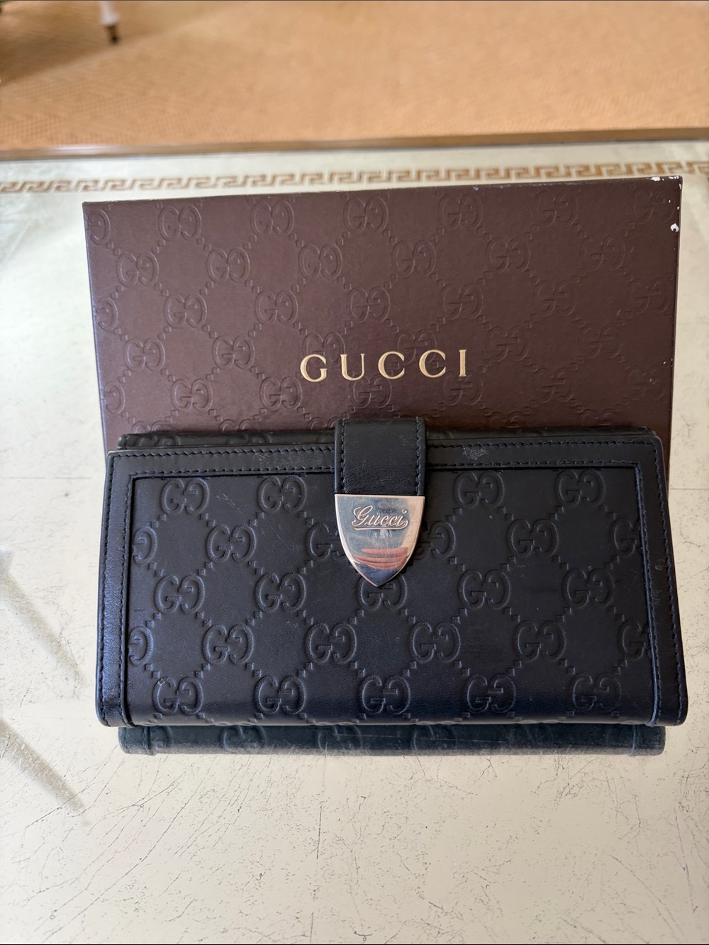 Gucci Black Embossed Leather Wallet with Signature Clasp